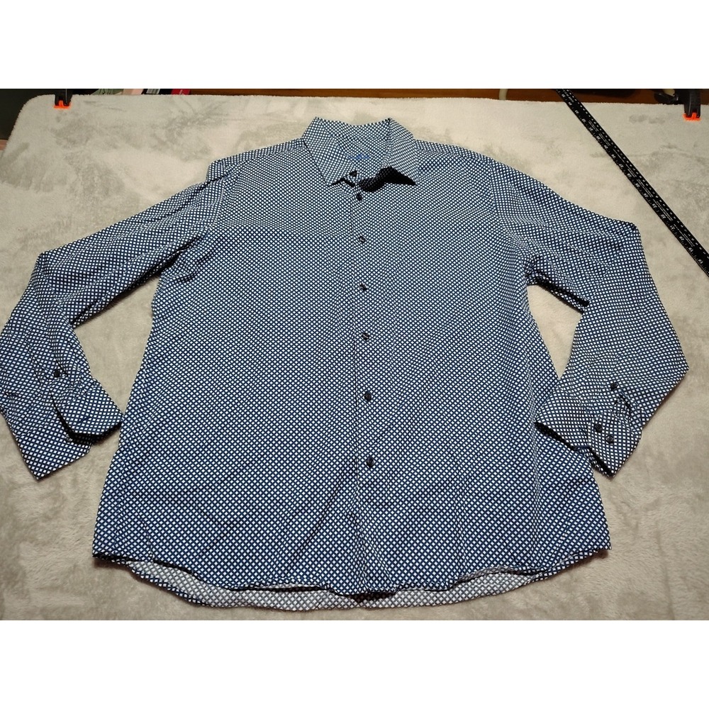 Tasso Elba Shirt Men XL 17-17.5 Blue Diamond Pattern Cotton Classic Style Travel